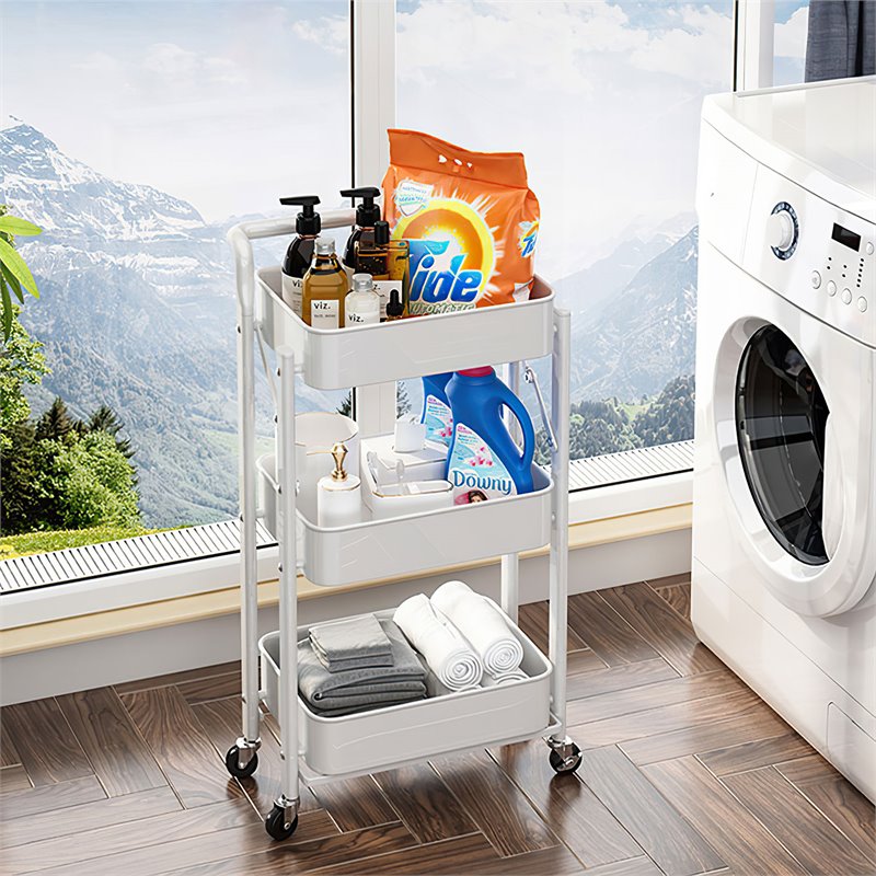 Pemberly Row 3-Tier Metal Storage Utility Rolling Cart with Foldable in White
