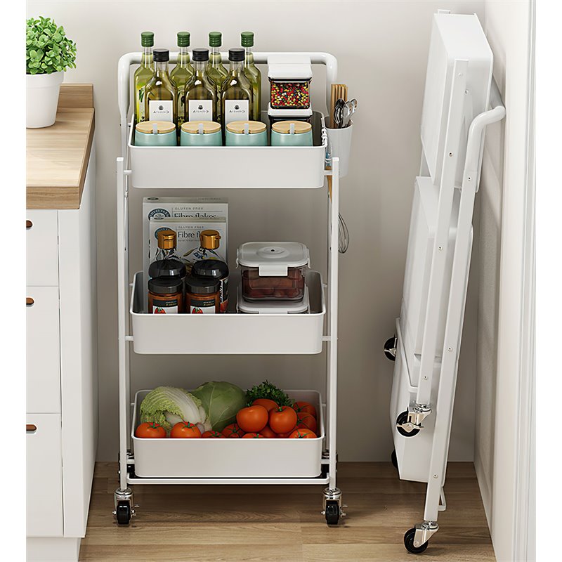 Pemberly Row 3-Tier Metal Storage Utility Rolling Cart with Foldable in White