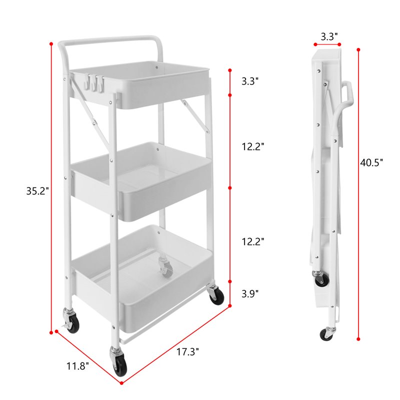Pemberly Row 3-Tier Metal Storage Utility Rolling Cart with Foldable in White