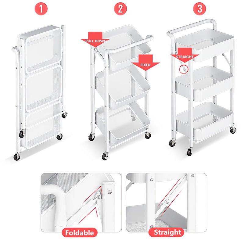 Pemberly Row 3-Tier Metal Storage Utility Rolling Cart with Foldable in White