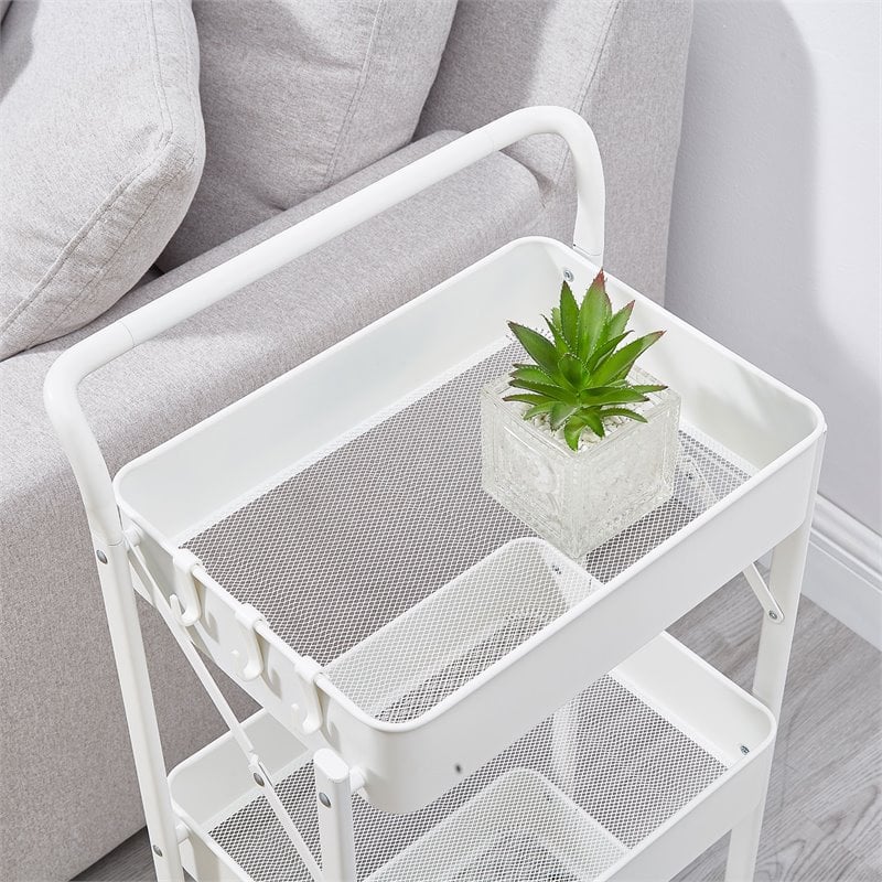 Pemberly Row 3-Tier Metal Storage Utility Rolling Cart with Foldable in White
