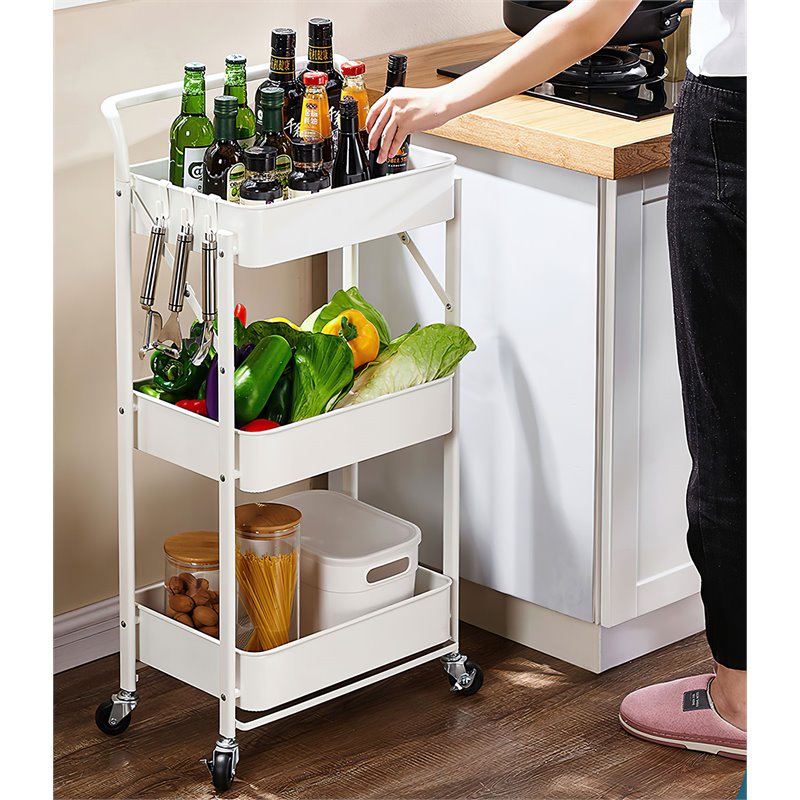 Pemberly Row 3-Tier Metal Storage Utility Rolling Cart with Foldable in White