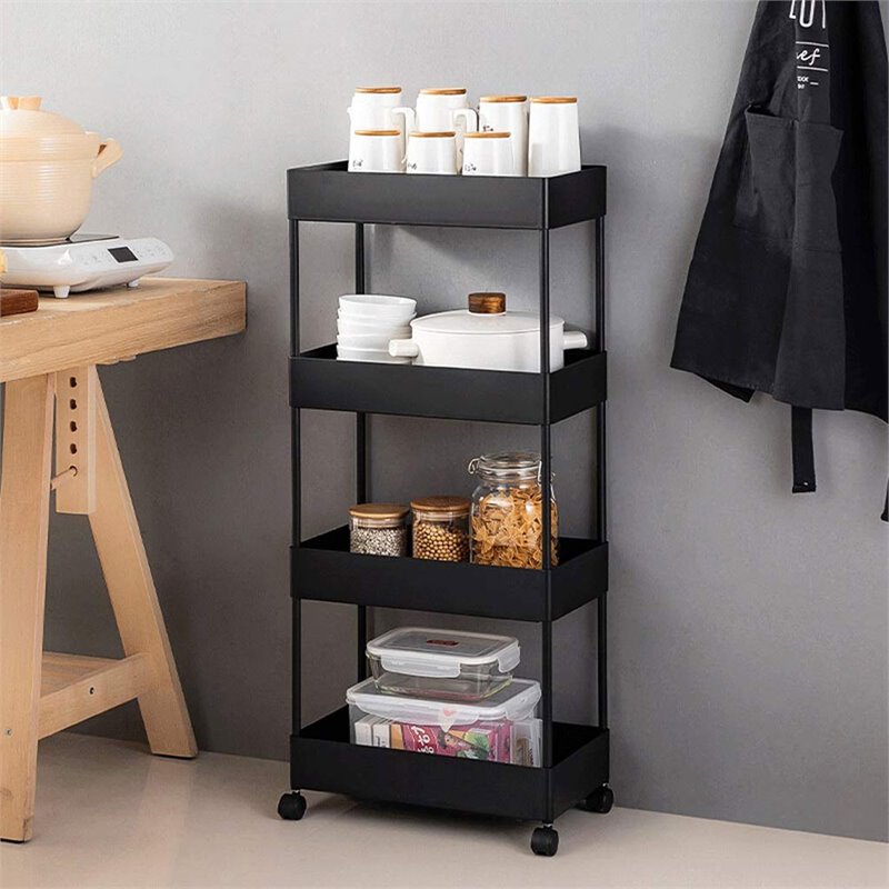 Pemberly Row 4-Tier Plastic Storage Rolling Cart with Slim Shelves in Black