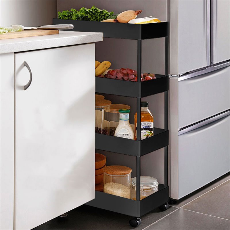 Pemberly Row 4-Tier Plastic Storage Rolling Cart with Slim Shelves in Black