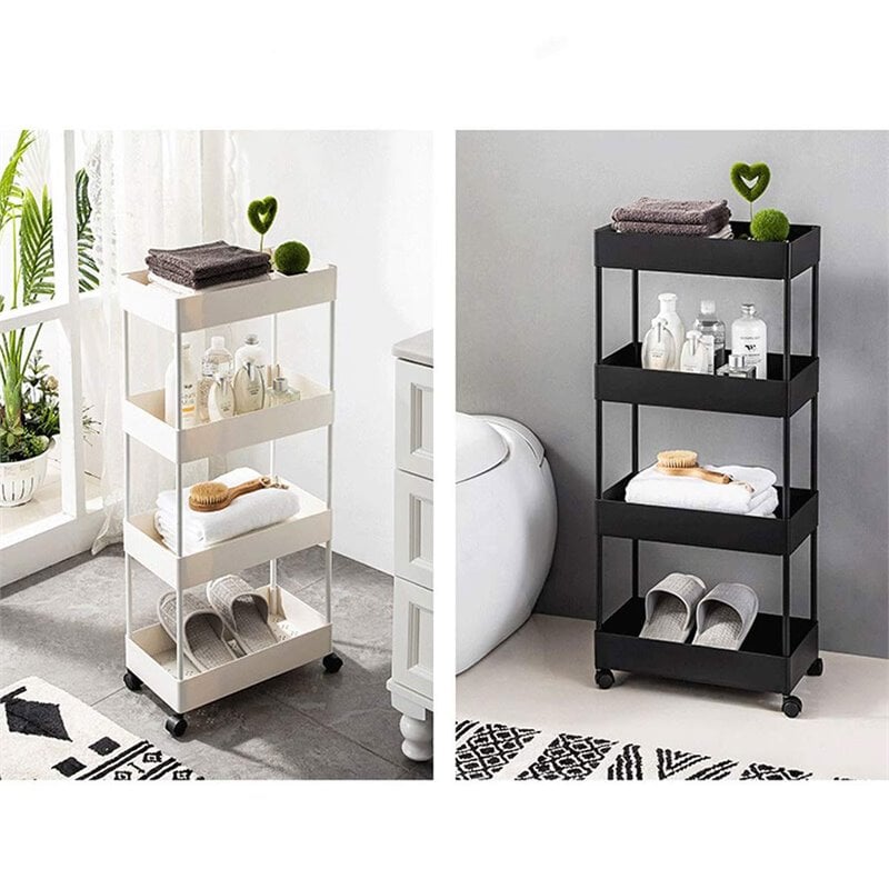 Pemberly Row 4-Tier Plastic Storage Rolling Cart with Slim Shelves in Black