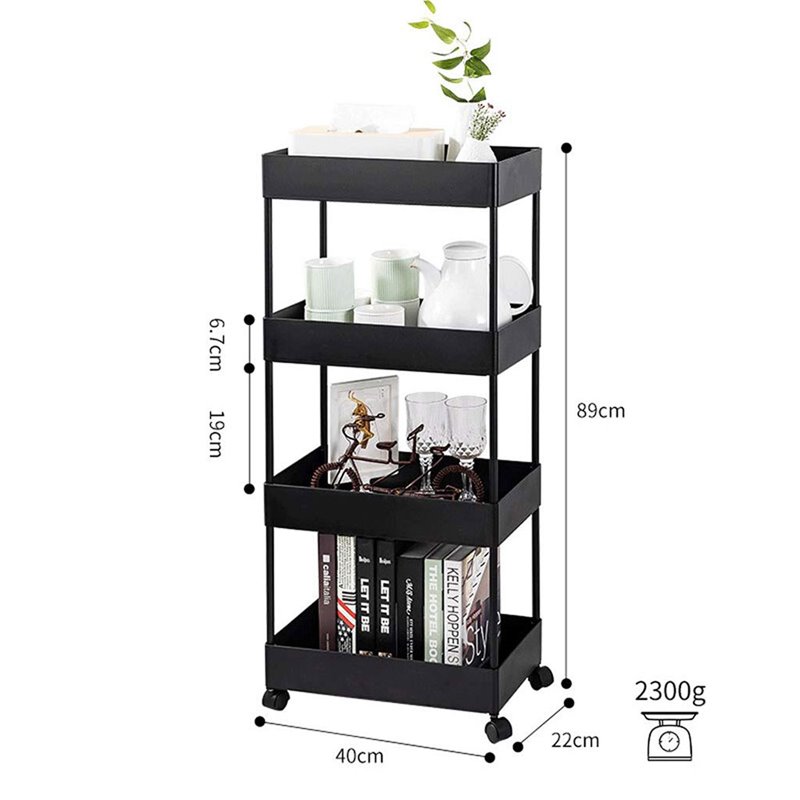 Pemberly Row 4-Tier Plastic Storage Rolling Cart with Slim Shelves in Black