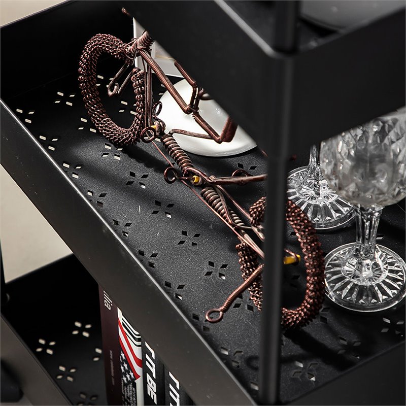 Pemberly Row 4-Tier Plastic Storage Rolling Cart with Slim Shelves in Black