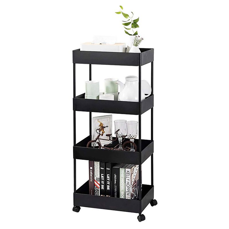 Pemberly Row 4-Tier Plastic Storage Rolling Cart with Slim Shelves in Black