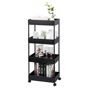 Pemberly Row 4-Tier Plastic Storage Rolling Cart with Slim Shelves in Black