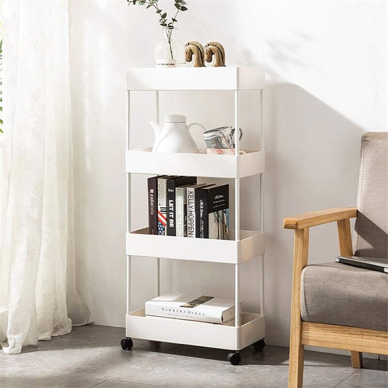 Pemberly Row 4-Tier Plastic Storage Rolling Cart with Slim Shelves in White