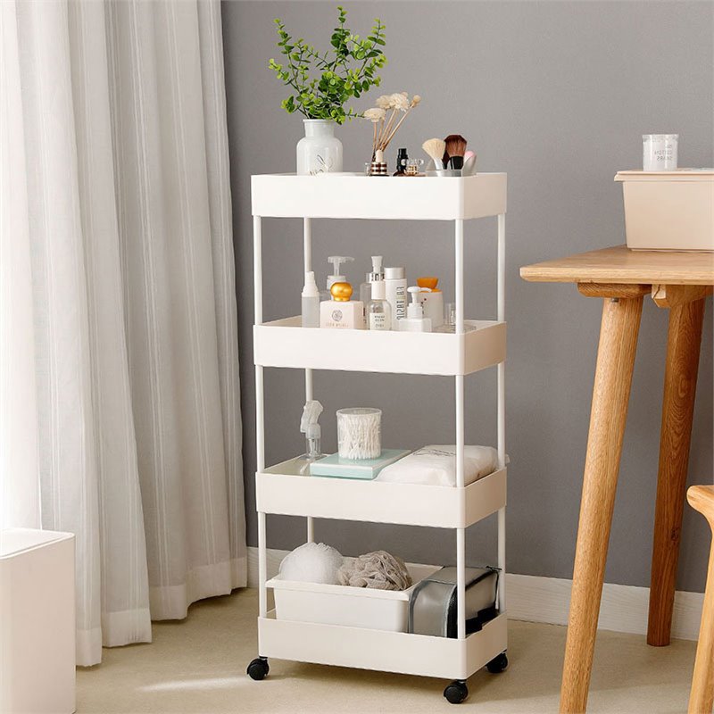 Pemberly Row 4-Tier Plastic Storage Rolling Cart with Slim Shelves in White