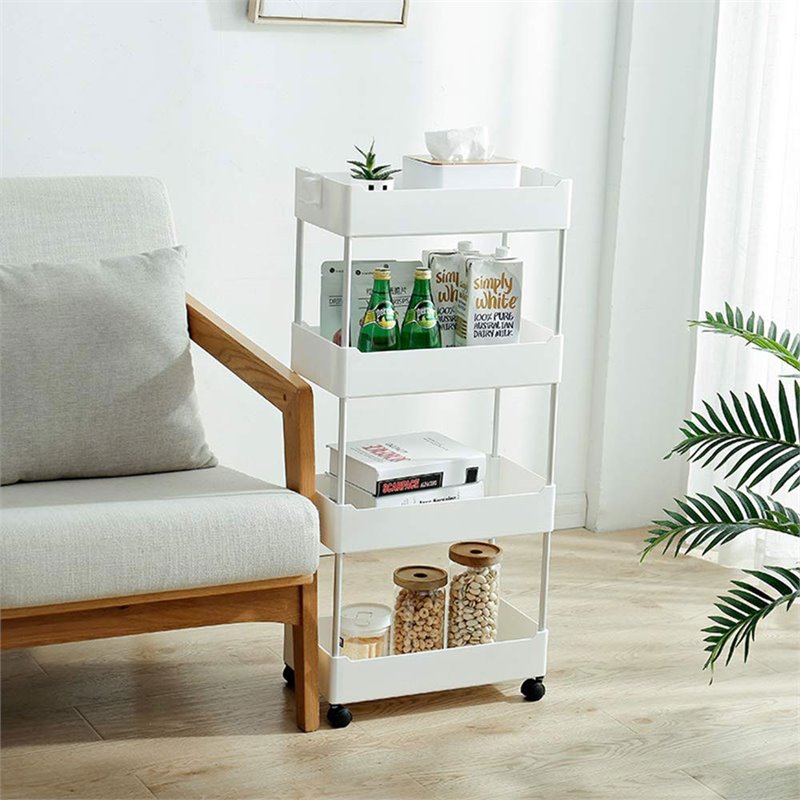Pemberly Row 4-Tier Plastic Storage Rolling Cart with Slim Shelves in White