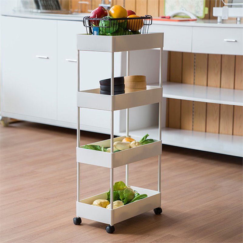 Pemberly Row 4-Tier Plastic Storage Rolling Cart with Slim Shelves in White