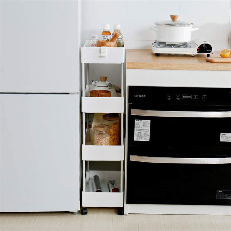 Pemberly Row 4-Tier Plastic Storage Rolling Cart with Slim Shelves in White