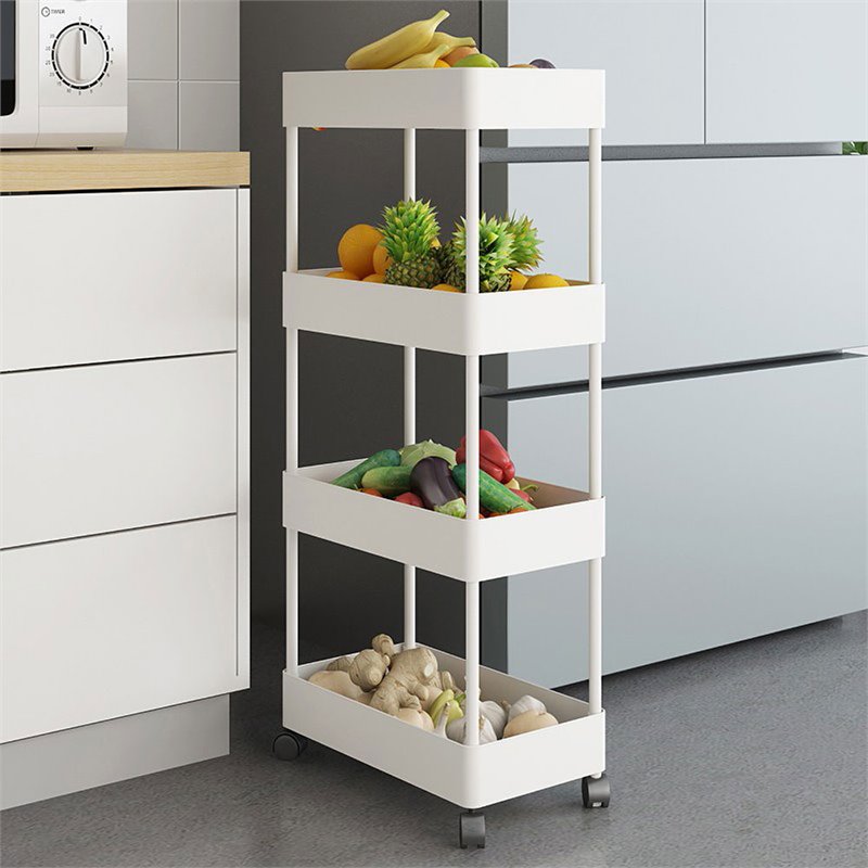 Pemberly Row 4-Tier Plastic Storage Rolling Cart with Slim Shelves in White