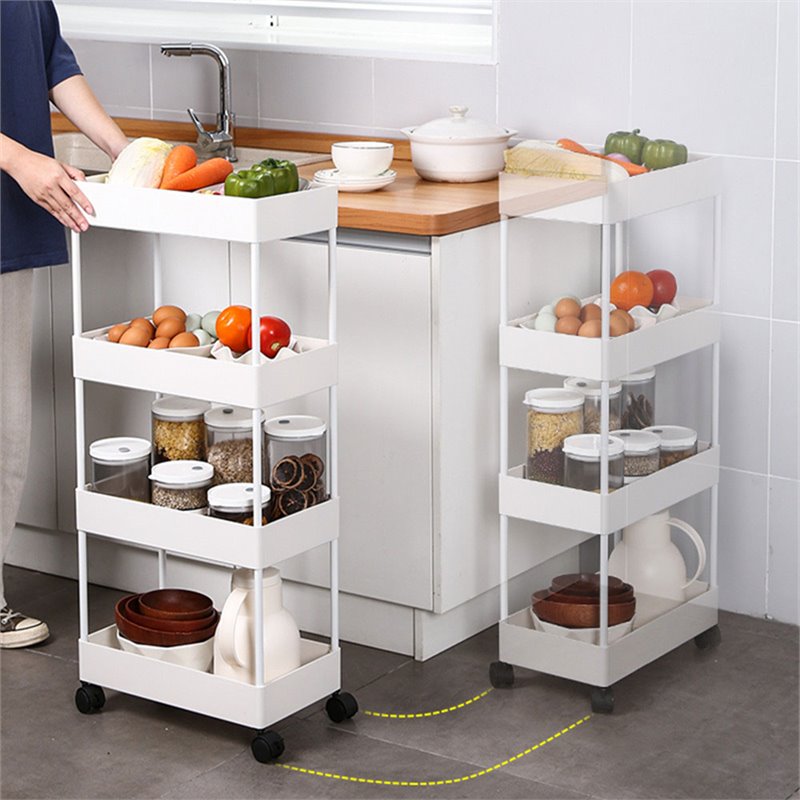 Pemberly Row 4-Tier Plastic Storage Rolling Cart with Slim Shelves in White