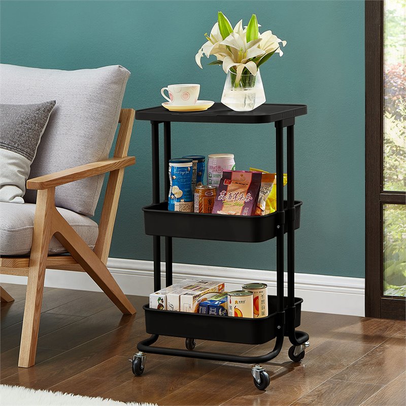 Pemberly Row 2-Tier Table Top Plastic Storage Trolley Rolling Cart in Black