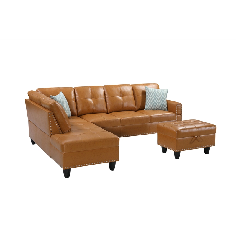 Pemberly Row Faux Leather Sectional Sofa with Ottoman in Brown