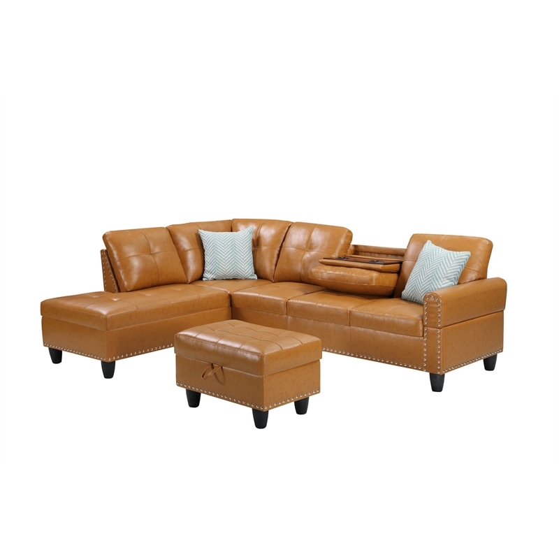 Pemberly Row Faux Leather Sectional Sofa with Ottoman in Brown