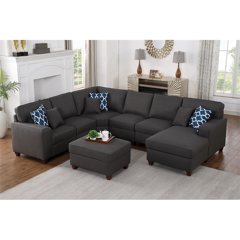 Pemberly Row 7-Piece Upholstered Modern Fabric Sectional in Dark Gray