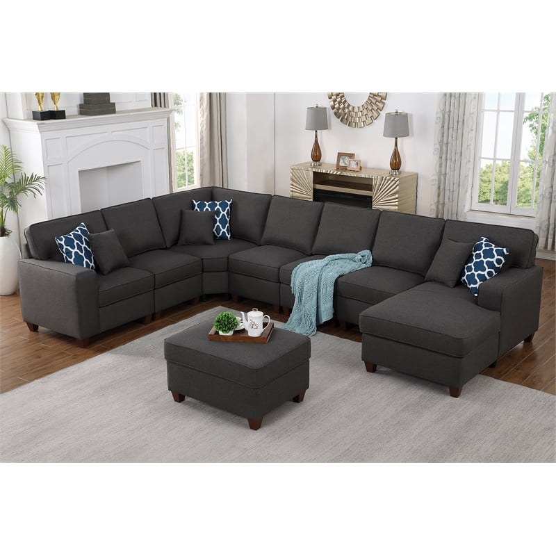 Pemberly Row 8-Piece Upholstered Modern Fabric Sectional in Dark Gray