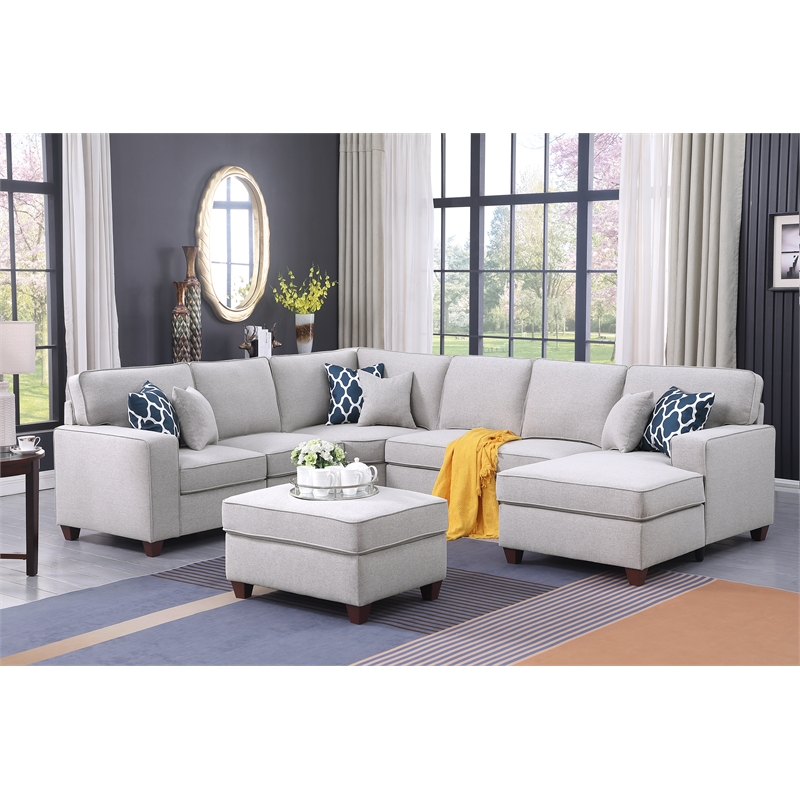 Pemberly Row 7-Piece Upholstered Modern Fabric Sectional in Light Gray