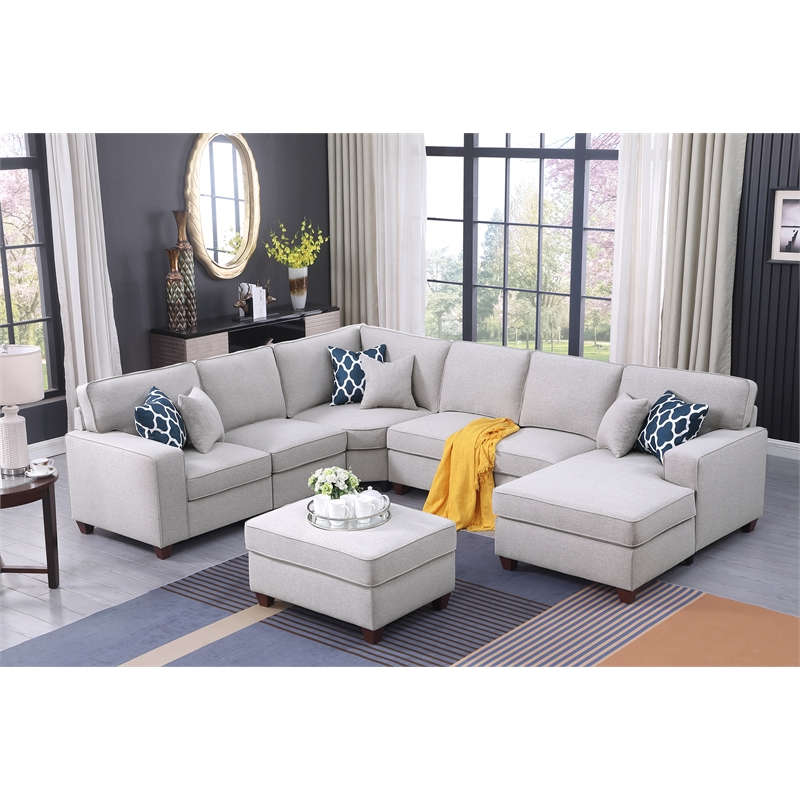 Pemberly Row 7-Piece Upholstered Modern Fabric Sectional in Light Gray