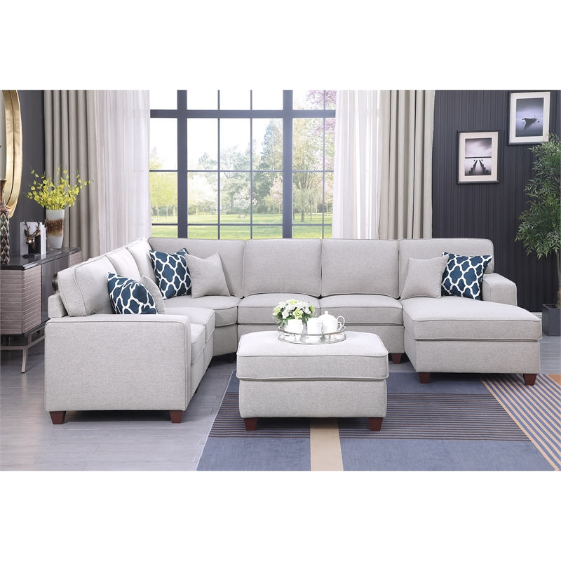 Pemberly Row 7-Piece Upholstered Modern Fabric Sectional in Light Gray