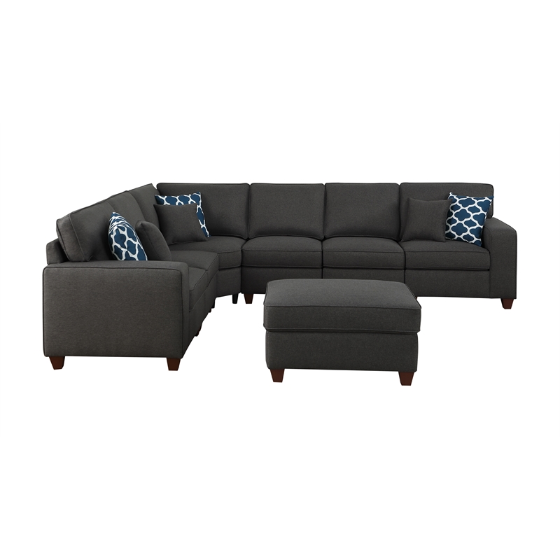 Pemberly Row 7-Piece Upholstered Fabric Sectional with Ottoman in Gray