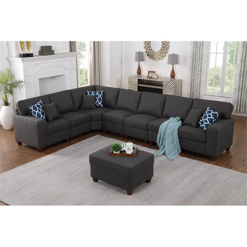 Pemberly Row 8-Piece Upholstered Fabric Sectional with Ottoman in Gray