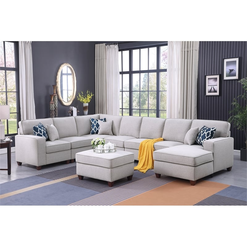 Pemberly Row 8-Piece Upholstered Fabric Sectional with Chaise in Light Gray