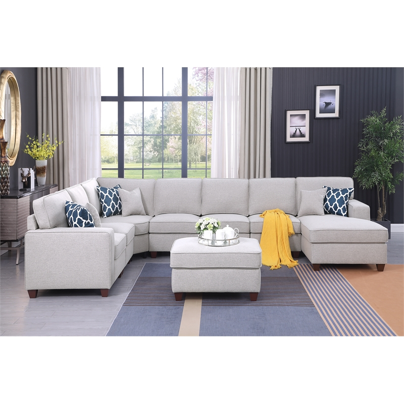 Pemberly Row 8-Piece Upholstered Fabric Sectional with Chaise in Light Gray