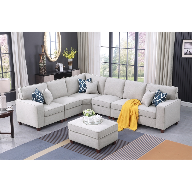 Pemberly Row 7-Piece Upholstered Fabric Sectional with Ottoman in Light Gray