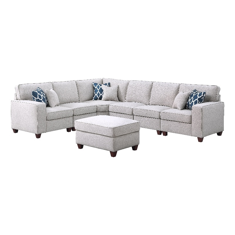 Pemberly Row 7-Piece Upholstered Fabric Sectional with Ottoman in Light Gray