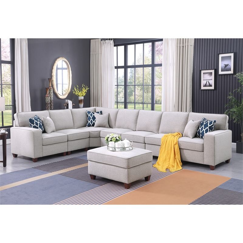 Pemberly Row 8-Piece Upholstered Fabric Sectional with Ottoman in Light Gray