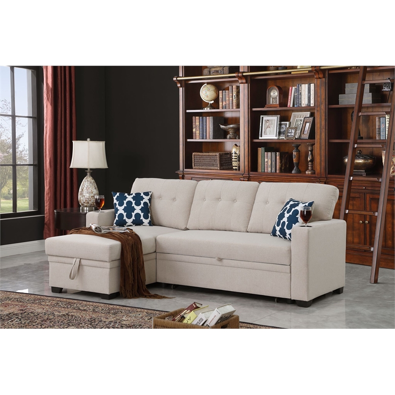Pemberly Row Reversible Fabric Sleeper Sofa Bed & Chaise with Cup Holder-Beige