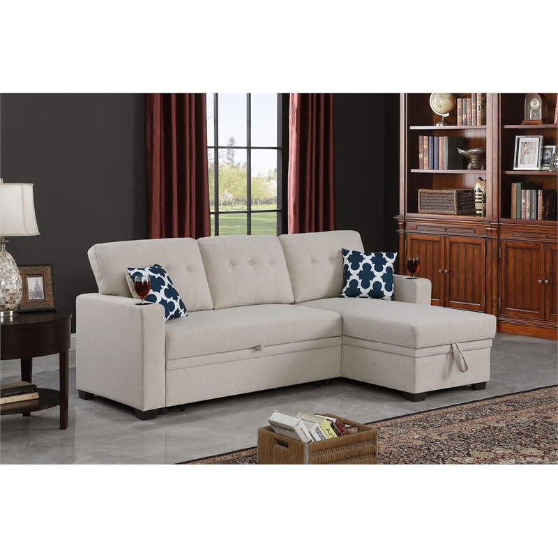 Pemberly Row Reversible Fabric Sleeper Sofa Bed & Chaise with Cup Holder-Beige