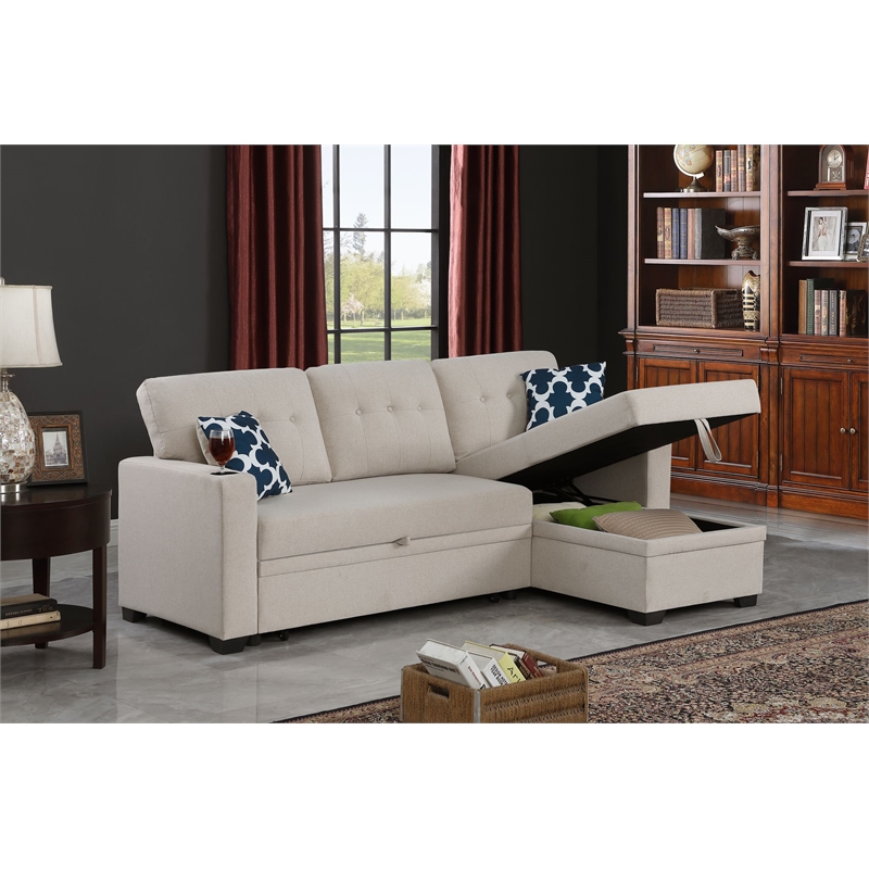 Pemberly Row Reversible Fabric Sleeper Sofa Bed & Chaise with Cup Holder-Beige