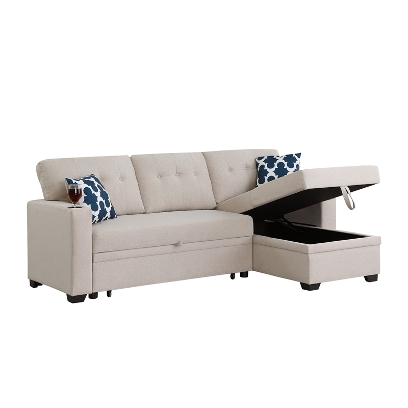 Pemberly Row Reversible Fabric Sleeper Sofa Bed & Chaise with Cup Holder-Beige