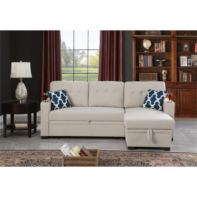 Pemberly Row Reversible Fabric Sleeper Sofa Bed & Chaise with Cup Holder-Beige