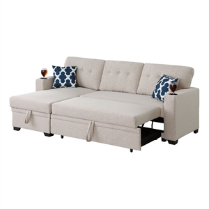 Pemberly Row Reversible Fabric Sleeper Sofa Bed & Chaise with Cup Holder-Beige