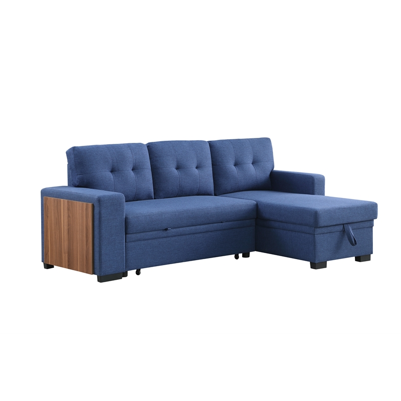 Pemberly Row Fabric Reversible Side Compartment Sleeper Sectional Sofa Bed-Blue