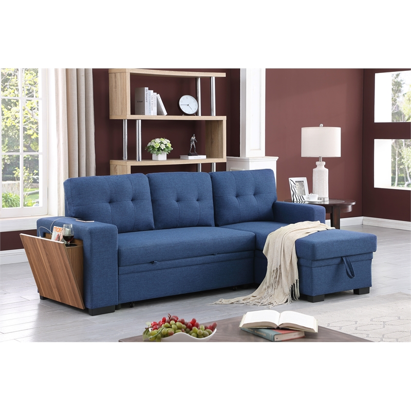 Pemberly Row Fabric Reversible Side Compartment Sleeper Sectional Sofa Bed-Blue