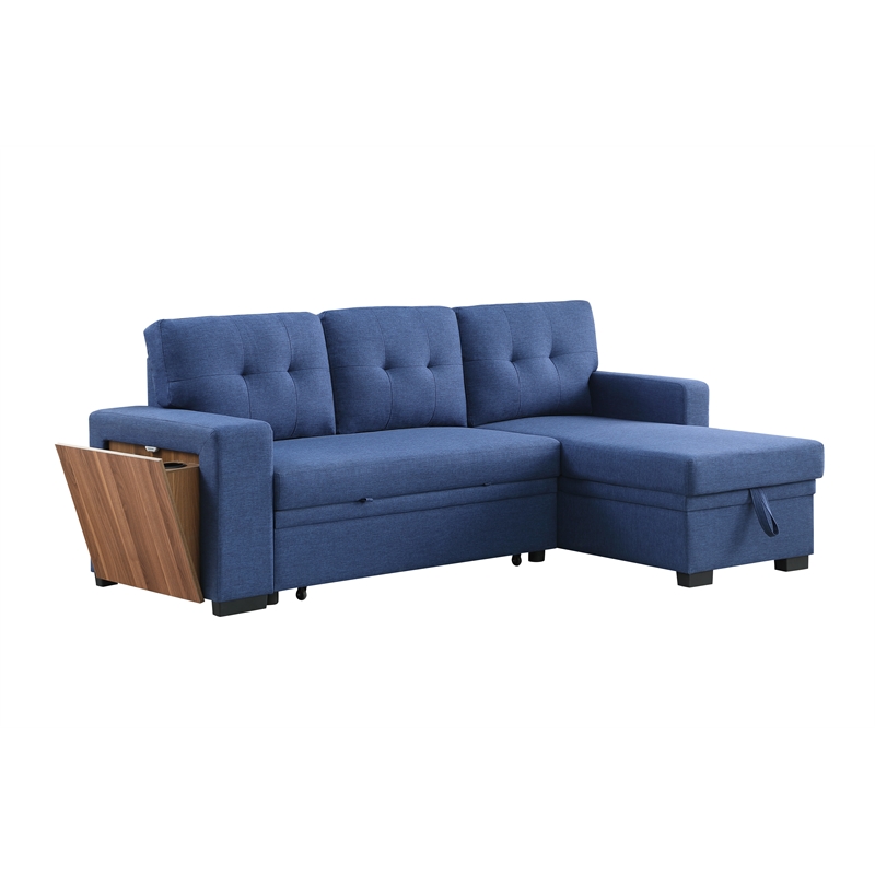 Pemberly Row Fabric Reversible Side Compartment Sleeper Sectional Sofa Bed-Blue