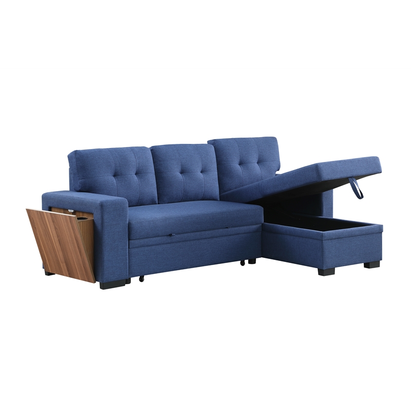 Pemberly Row Fabric Reversible Side Compartment Sleeper Sectional Sofa Bed-Blue