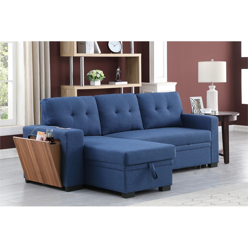 Pemberly Row Fabric Reversible Side Compartment Sleeper Sectional Sofa Bed-Blue