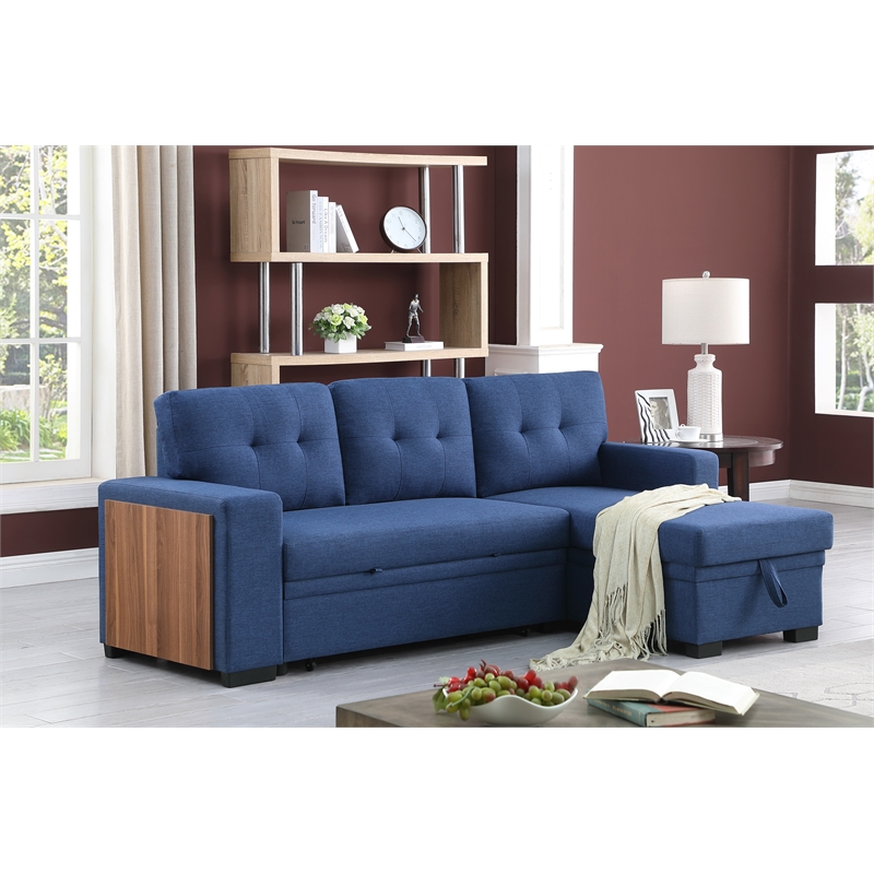 Pemberly Row Fabric Reversible Side Compartment Sleeper Sectional Sofa Bed-Blue