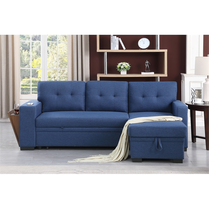 Pemberly Row Fabric Reversible Side Compartment Sleeper Sectional Sofa Bed-Blue