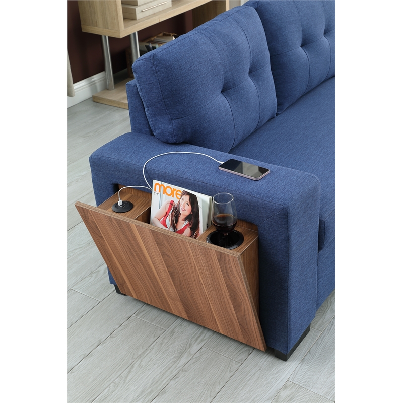Pemberly Row Fabric Reversible Side Compartment Sleeper Sectional Sofa Bed-Blue