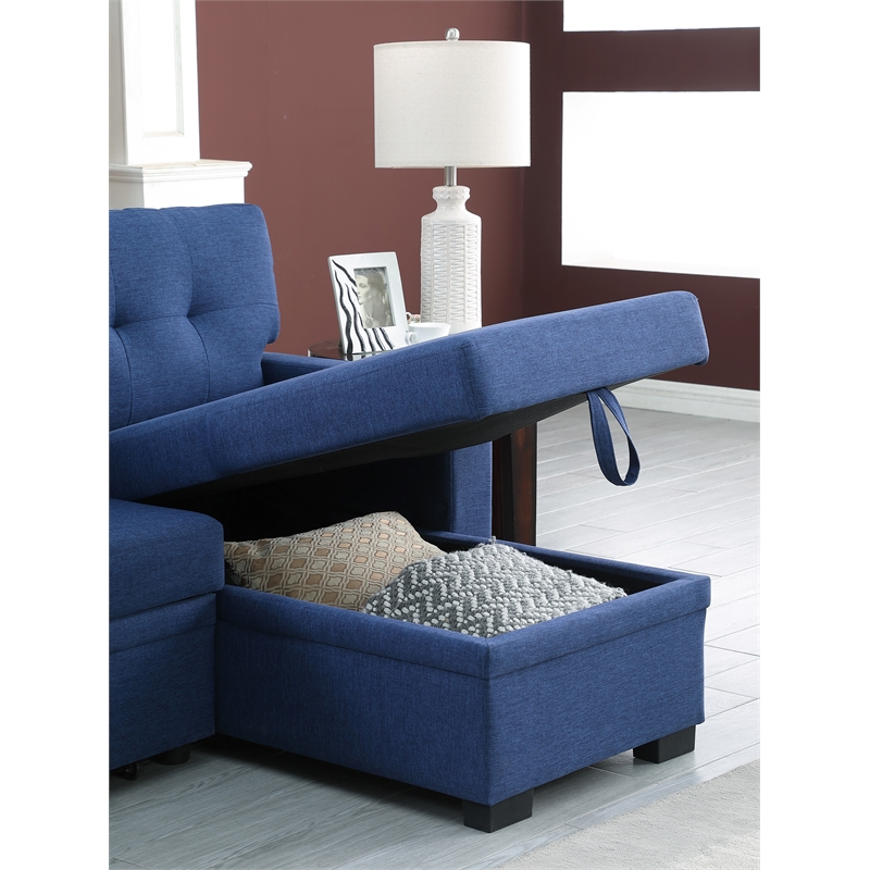 Pemberly Row Fabric Reversible Side Compartment Sleeper Sectional Sofa Bed-Blue